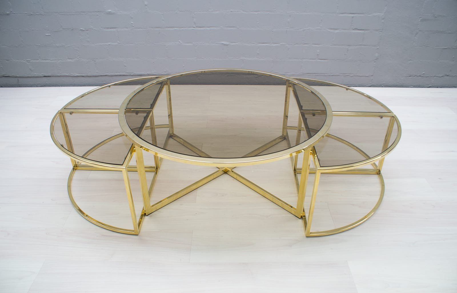 Popular Antique Gold Nesting Coffee Tables In Hollywood Regency Brass & Smoked Glass Nesting Coffee (View 4 of 20)