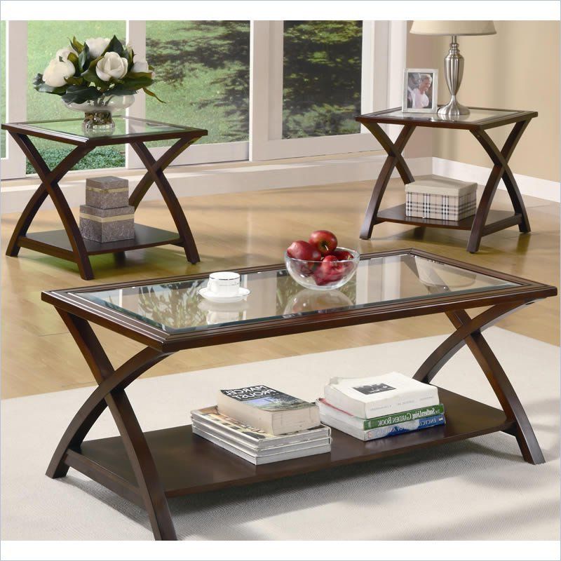 Popular Coaster 3 Piece Glass Top Coffee Table Set In Cappuccino With Regard To 3 Piece Shelf Coffee Tables (View 14 of 20)