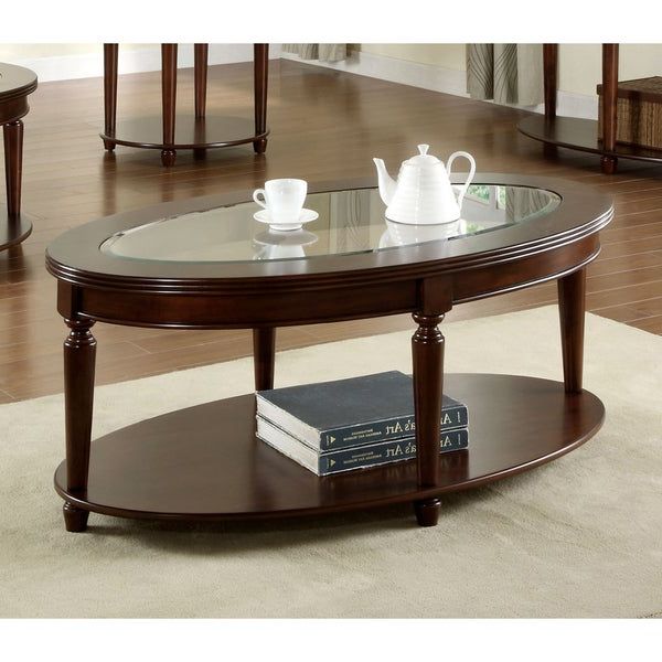 Popular Furniture Of America Crescent Dark Cherry Glass Top Oval Pertaining To Espresso Wood And Glass Top Coffee Tables (View 8 of 20)