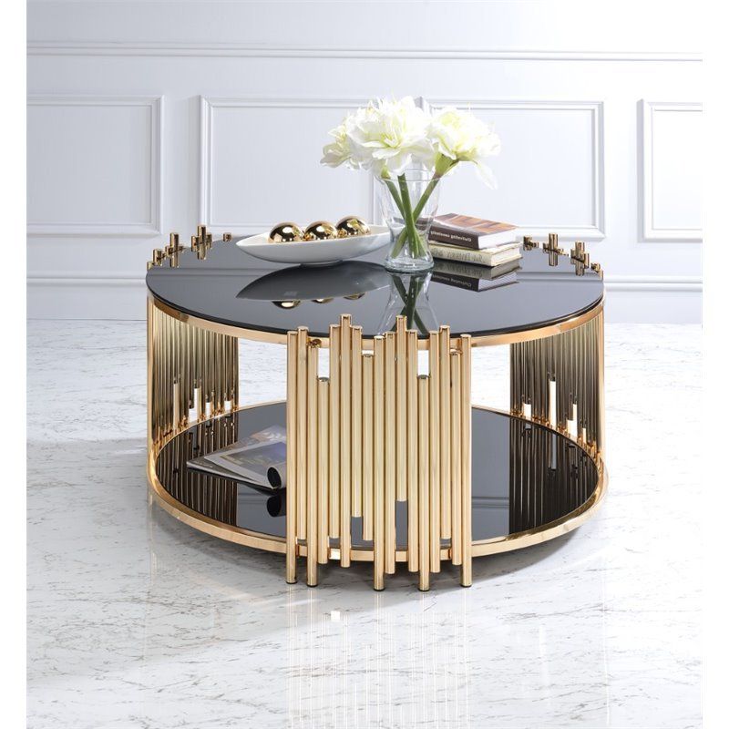 Preferred Acme Tanquin Round Glass Top Coffee Table In Black And With Black Round Glass Top Cocktail Tables (View 15 of 20)