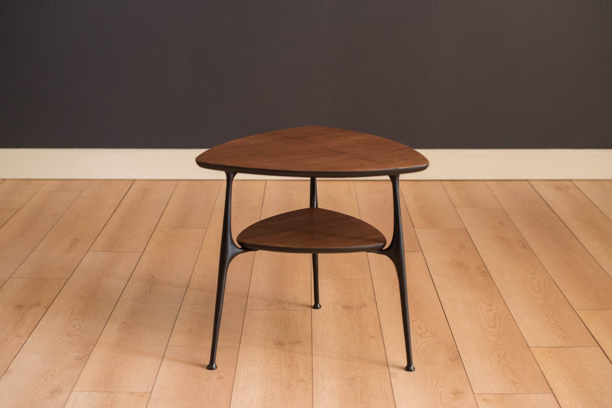 Preferred Pecan Brown Triangular Coffee Tables Throughout Mid Century Modern Two Tier Triangle Black And Walnut End (View 3 of 20)