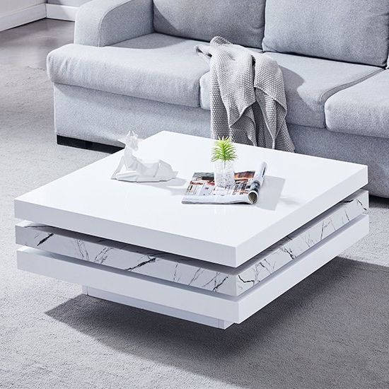 Preferred White Gloss And Maple Cream Coffee Tables In Triplo White Gloss Rotating Square Coffee Table In Vida (View 6 of 20)