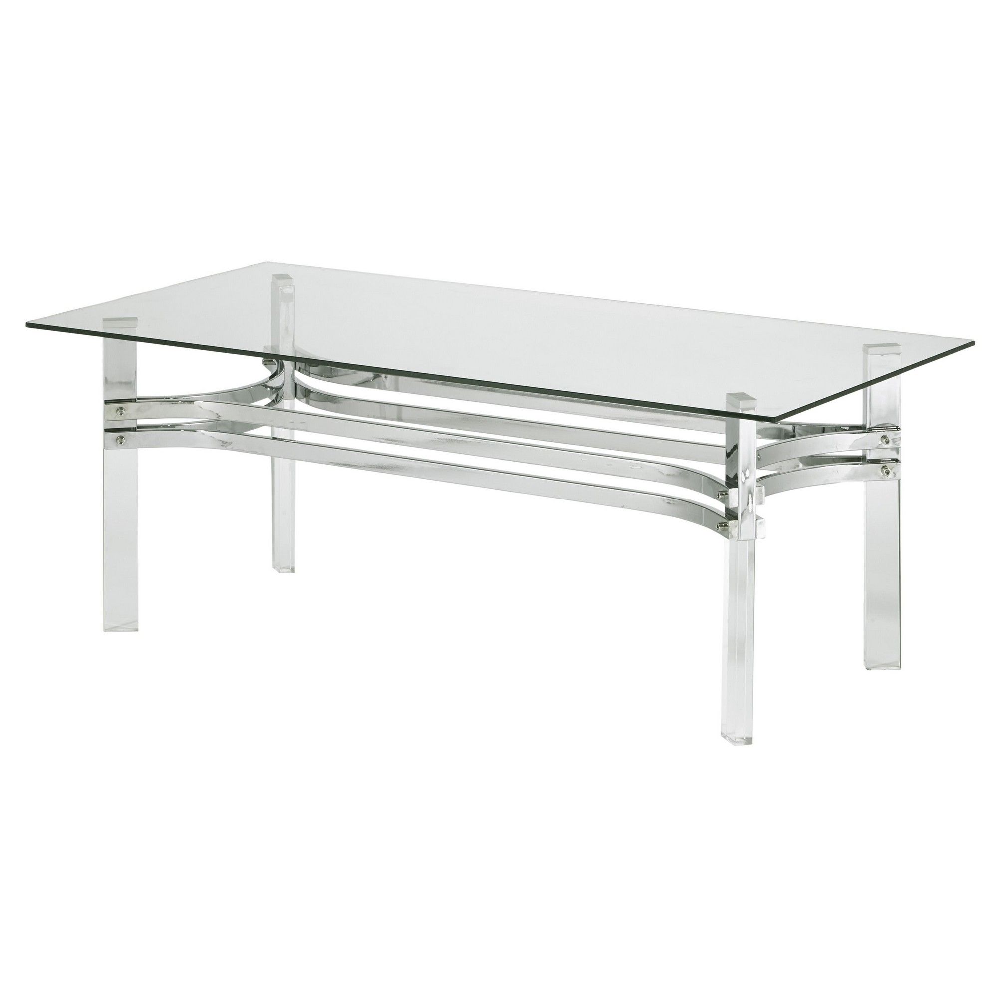 Rectangular Glass Top Cocktail Table With Straight Acrylic Pertaining To Well Known Glass And Stainless Steel Cocktail Tables (View 4 of 20)