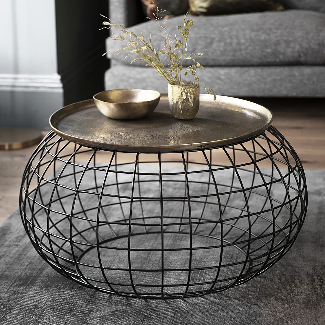 Round Metal Cage Coffee Table With Gold Tray Top Intended For Popular Antique Brass Aluminum Round Coffee Tables (View 14 of 20)