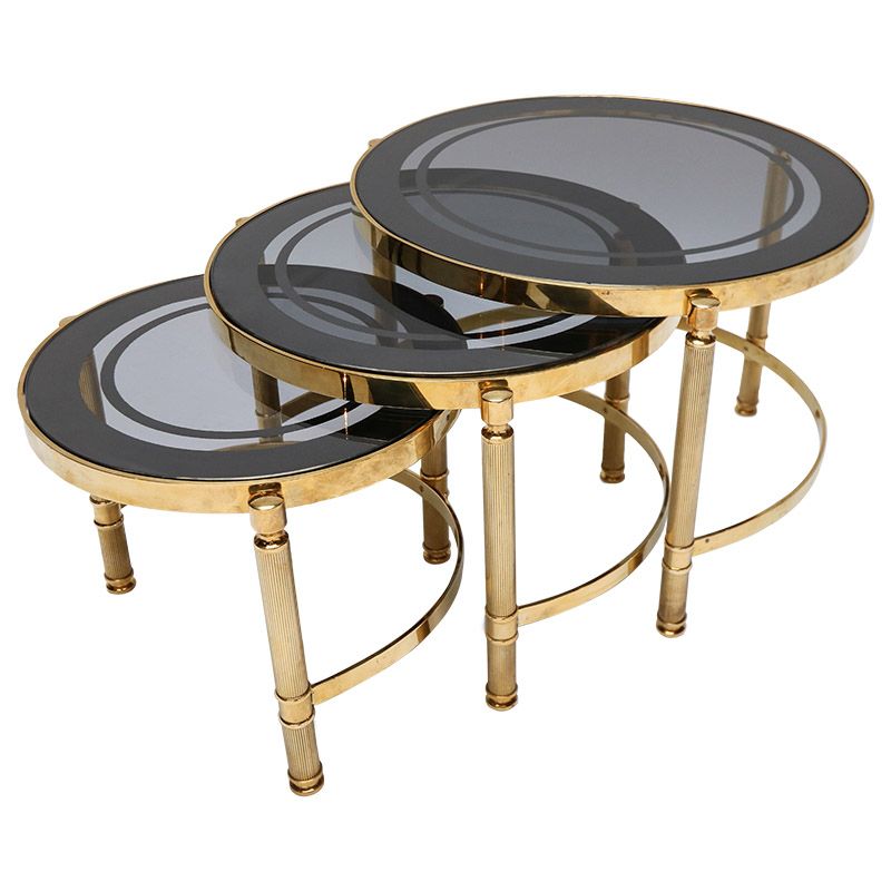 Set Of Three Brass Nesting Tables With Smoked Glass Tops Regarding Most Up To Date Brass Smoked Glass Cocktail Tables (View 15 of 20)