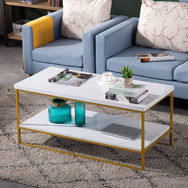 Shop 2 Layer Faux Marble Top Rectangular Coffee Table Intended For Well Known Faux White Marble And Metal Coffee Tables (View 19 of 20)