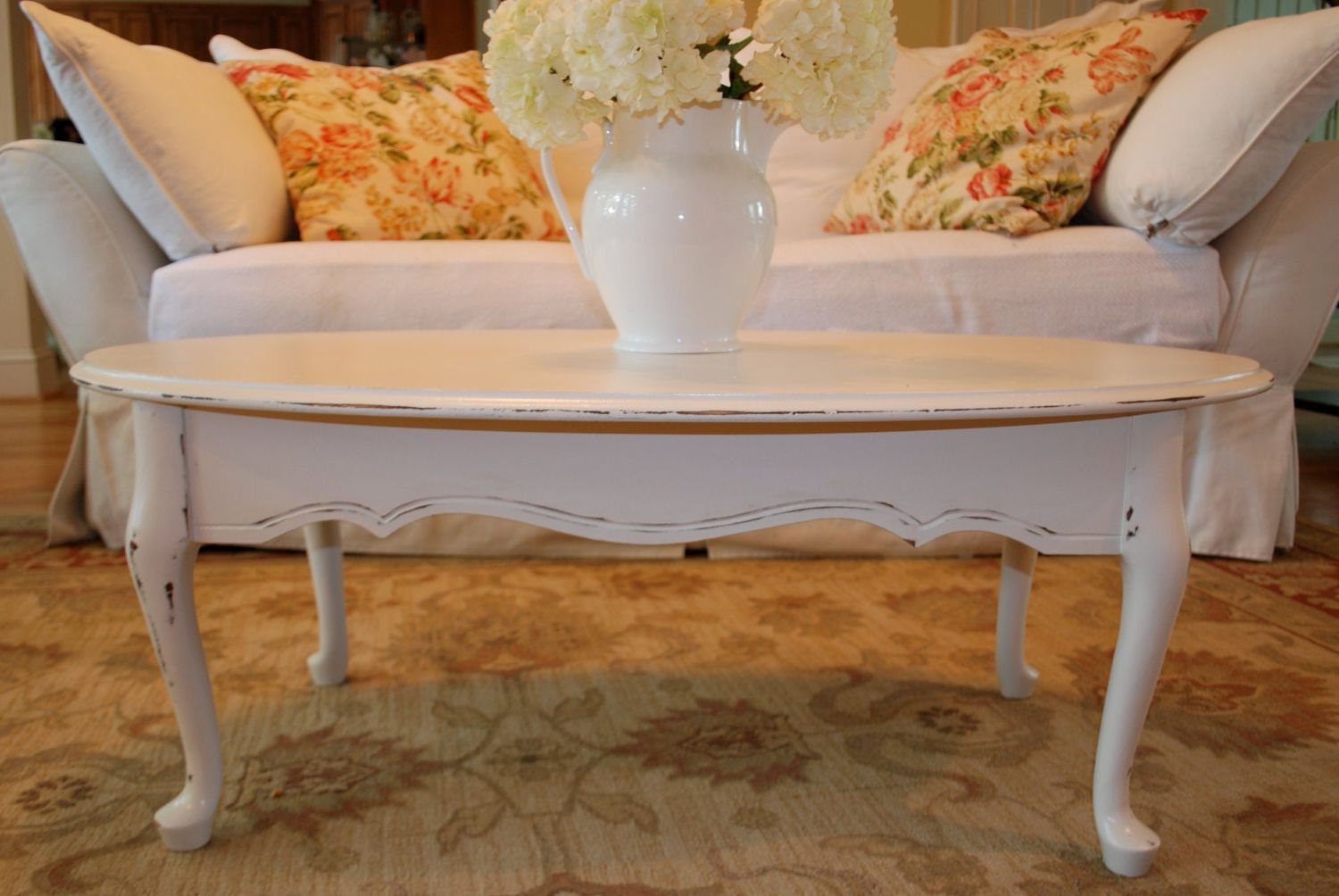 Trendy Queen Anne Style Antique White Distressed Coffee Table Intended For Antique White Black Coffee Tables (View 1 of 20)