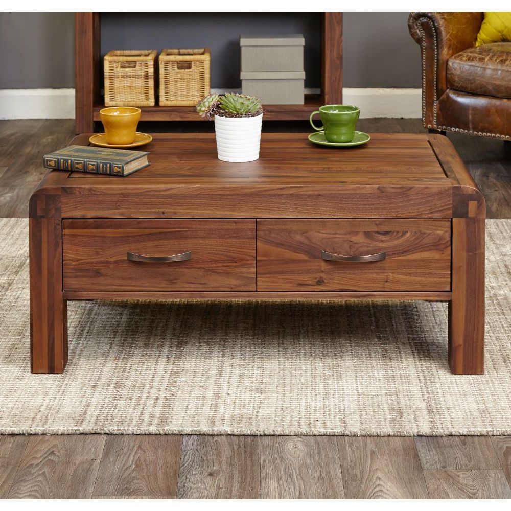 Trendy Shiro Solid Walnut Furniture Four Drawer Storage Coffee Table Intended For Black Wood Storage Coffee Tables (View 5 of 20)