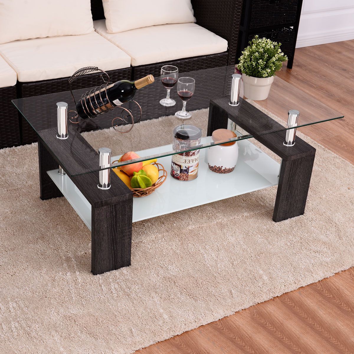 Trendy Wood Rectangular Coffee Tables Regarding Wood Tempered Glass Top Coffee Table Rectangular W/ Shelf (View 2 of 20)