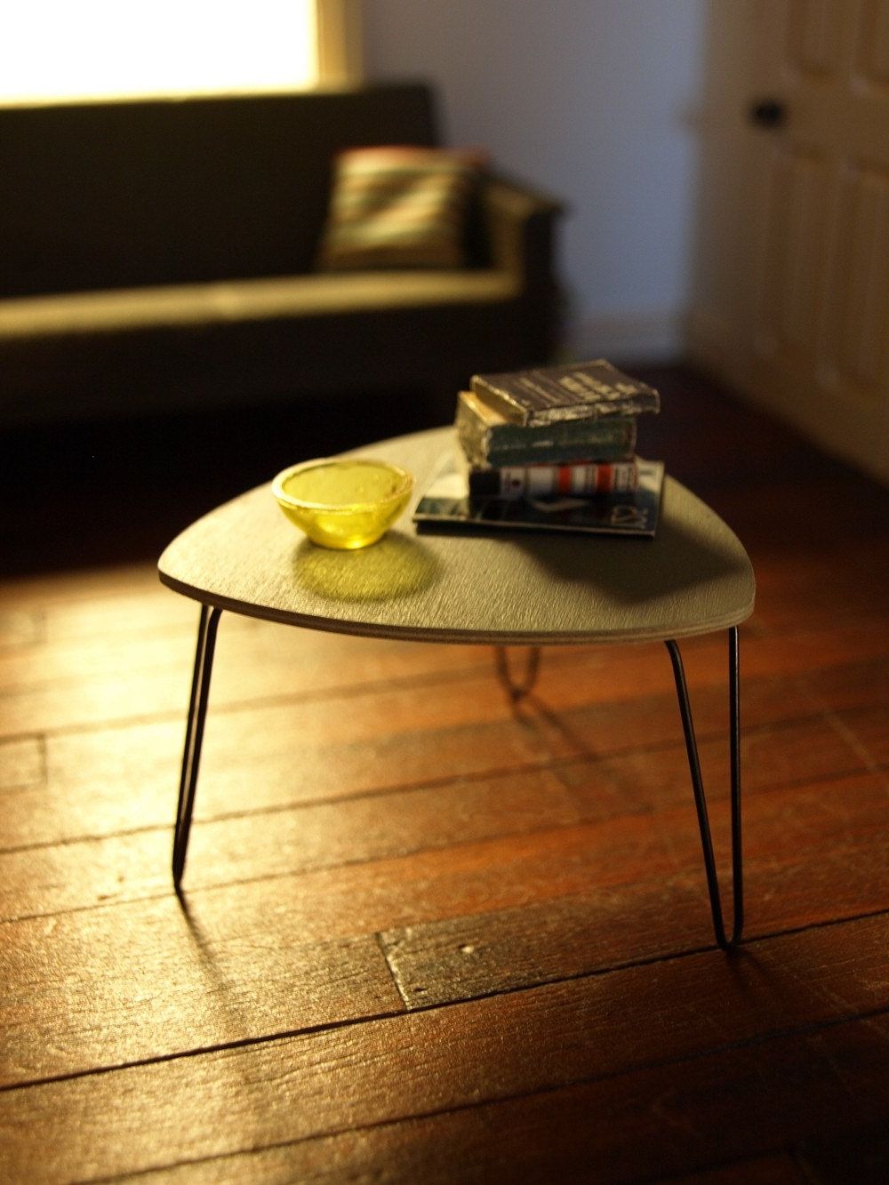 Triangular Coffee Tables Throughout Widely Used Grey Triangular Coffee Table With Hairpin Legs (View 14 of 20)