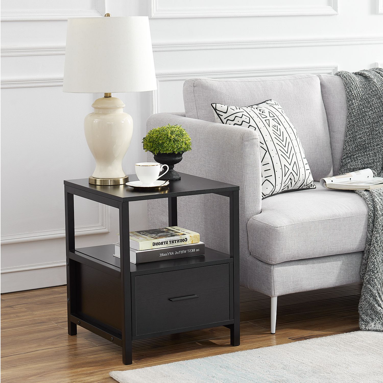 Vecelo Modern End Table With 1 Drawer And Shelf Black Within Popular Square Modern Accent Tables (View 3 of 20)