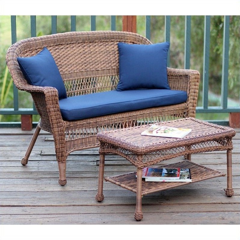Well Known Black And Tan Rattan Coffee Tables Regarding Jeco Wicker Patio Love Seat And Coffee Table Set In Honey (View 7 of 20)