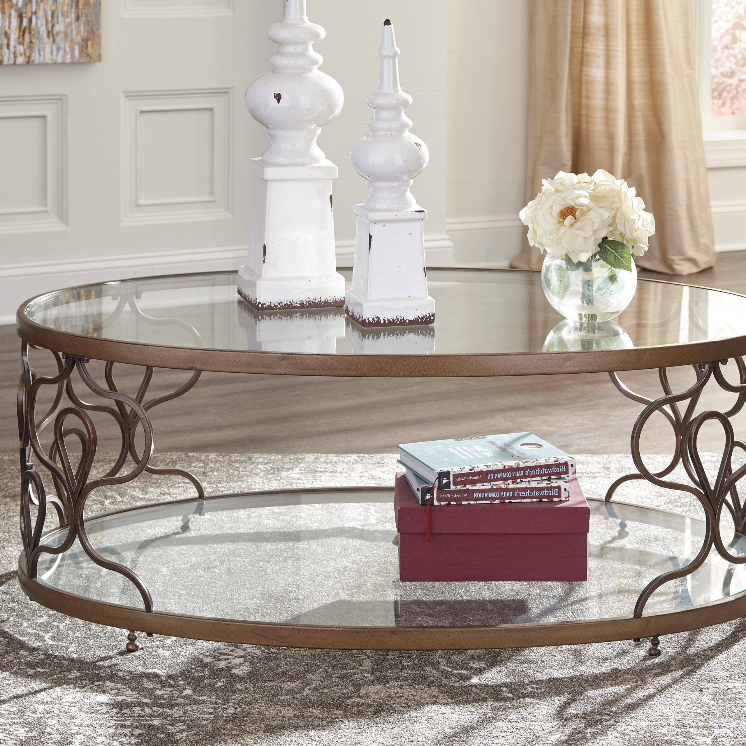 Well Known Espresso Wood And Glass Top Coffee Tables Regarding Ashley Furniture Fraloni Bronze Finish Oval Metal Coffee (View 3 of 20)