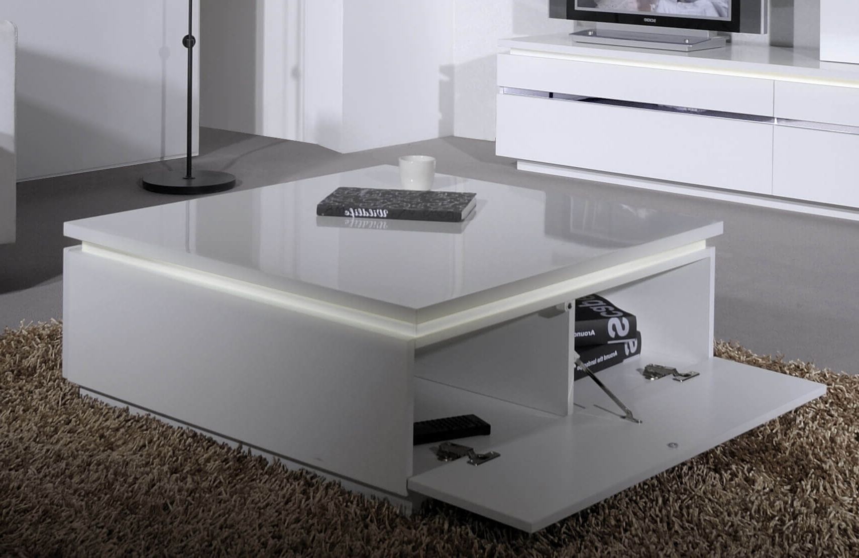 Well Known Logan White High Gloss Coffee Table With Storage & Lights Pertaining To White Gloss And Maple Cream Coffee Tables (View 9 of 20)