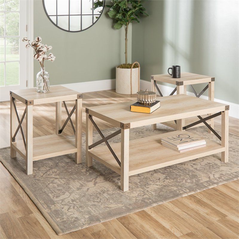 Well Liked 3 Piece Shelf Coffee Tables For Walker Edison 3 Piece Rustic Wood And Metal Coffee Table (View 12 of 20)