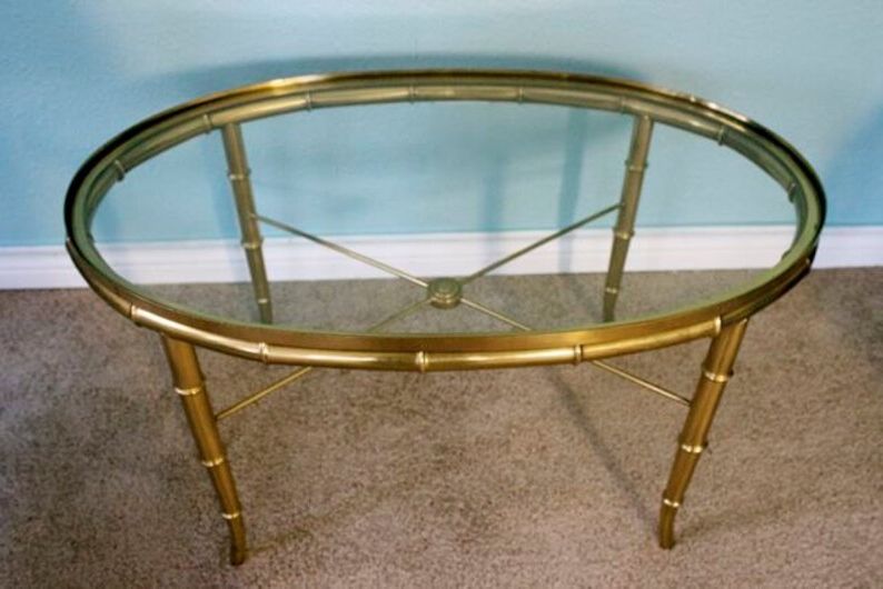 Well Liked Antique Brass Round Cocktail Tables Pertaining To Vintage Mastercraft Brass Oval Cocktail Table Glass Top (View 8 of 20)