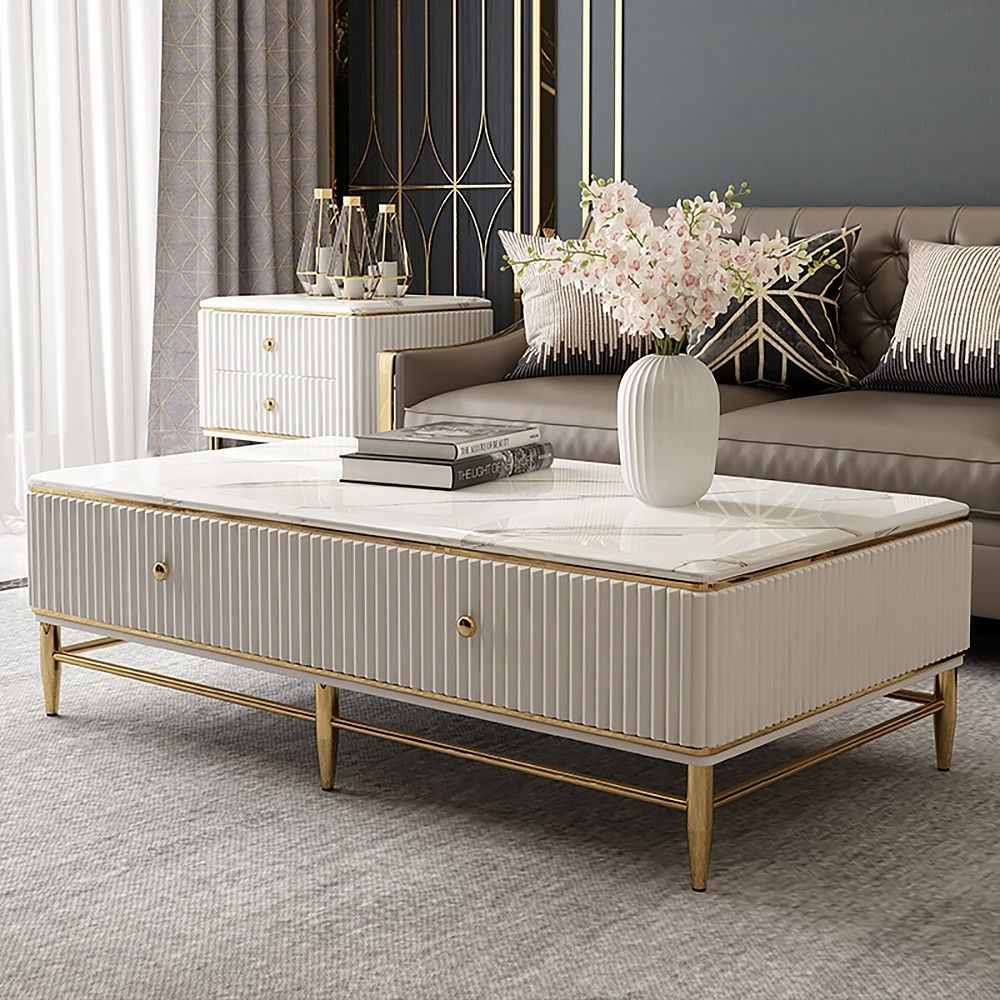 White Faux Marble Rectangle Coffee Table In Gold With Regarding Famous Antiqued Gold Rectangular Coffee Tables (View 19 of 20)