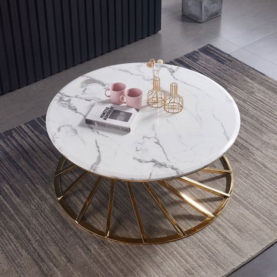 White Marble Gold Metal Coffee Tables For Most Current Romani White Grey Marble Coffee Table With Gold Steel Base (View 19 of 20)