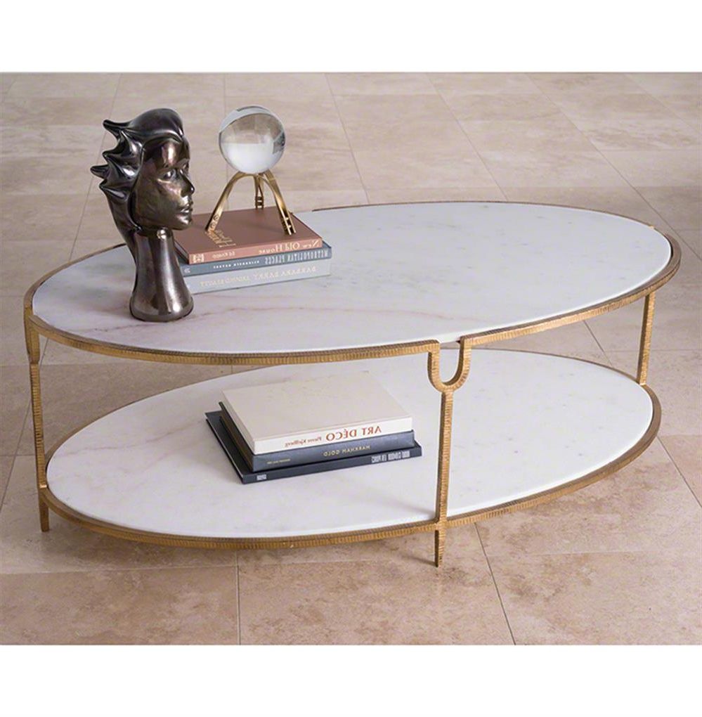 White Marble Gold Metal Coffee Tables With Newest Katherine Hollywood Regency Ivory Stone Oval Coffee Table (View 12 of 20)