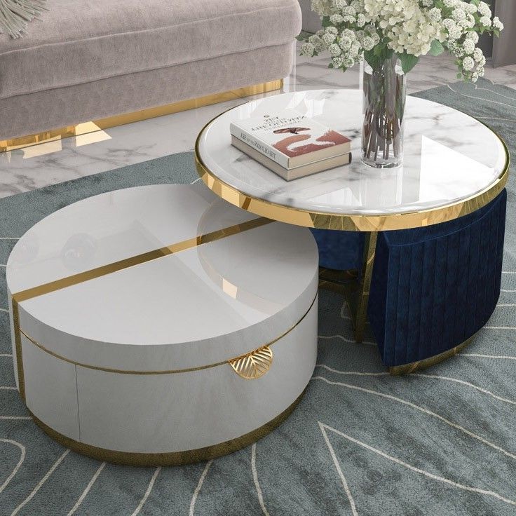 White Nesting Coffee Table With Ottomans Faux Marble Pertaining To Well Liked White Stone Coffee Tables (View 15 of 20)