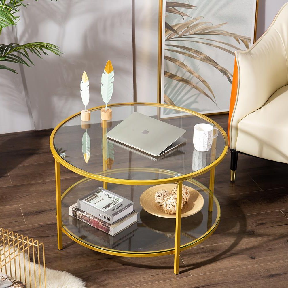 Widely Used Geometric Glass Top Gold Coffee Tables In Home Office Glass Coffee Table Round W/ Shelf Leg Living (View 5 of 20)