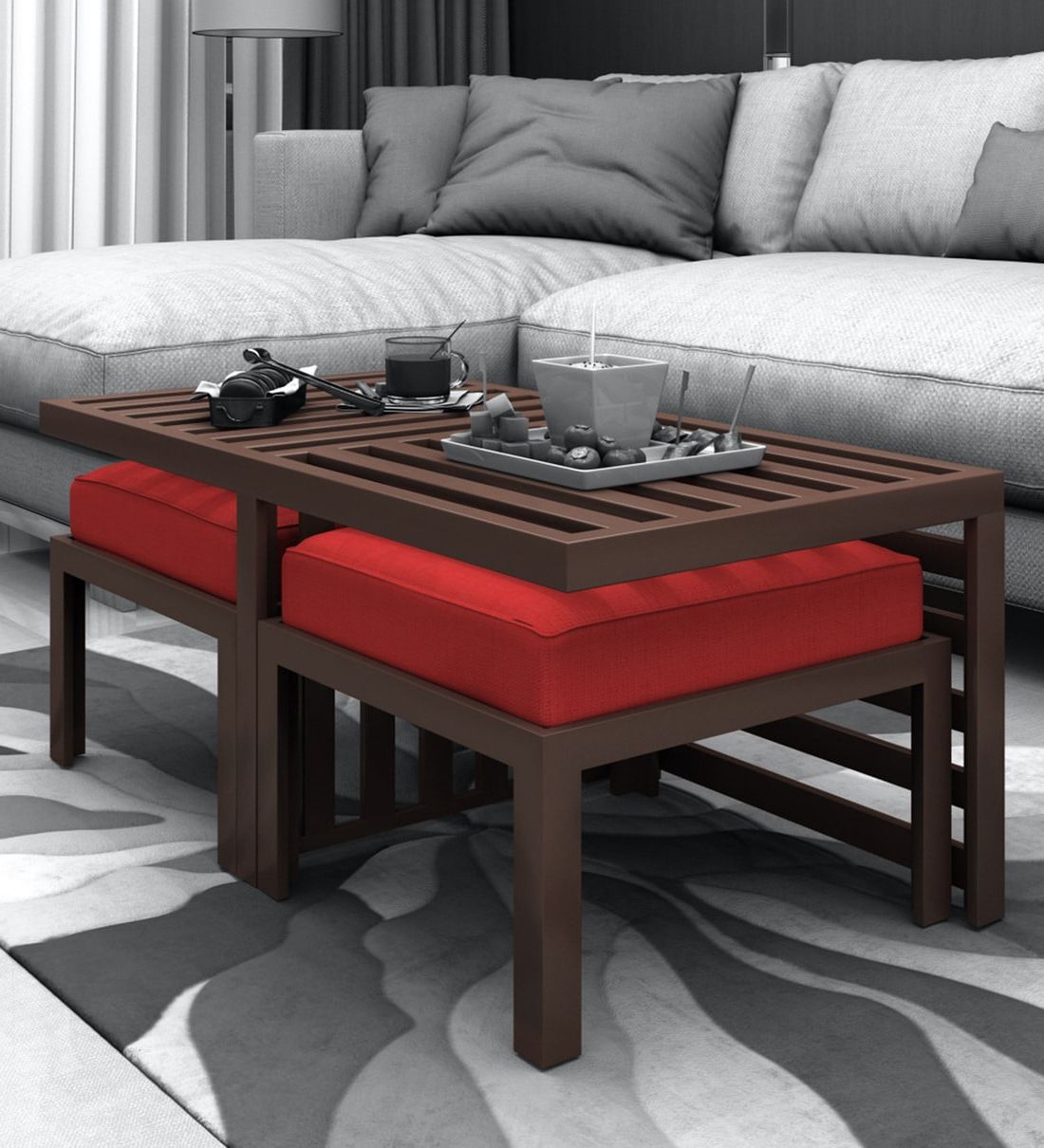 Widely Used Pecan Brown Triangular Coffee Tables Pertaining To Buy Trendy Coffee Table With 2 Red Cushioned Stools In (View 15 of 20)