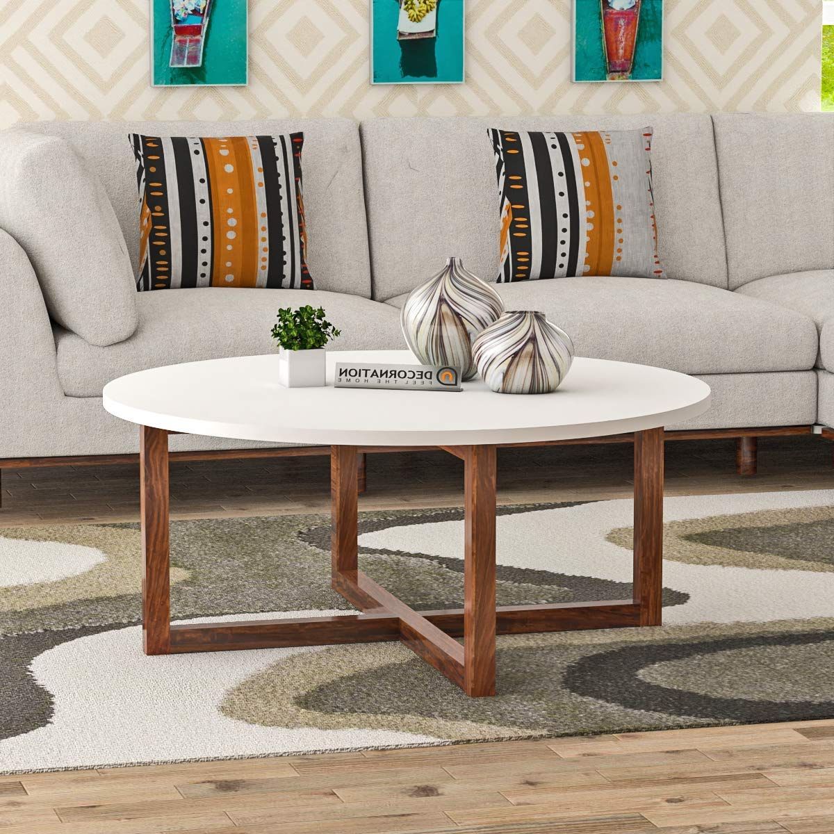 Wooden Mdf Round Coffee Table With Solid Wood Legs – White With Trendy Wood Coffee Tables (View 9 of 20)