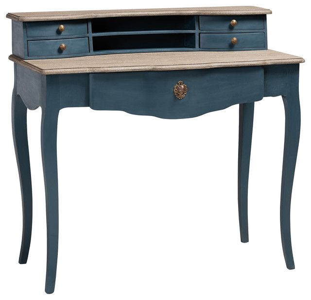 2018 Gold And Blue Writing Desks Within Earle French Provincial Blue Spruce Wood Accent Writing Desk (View 9 of 15)