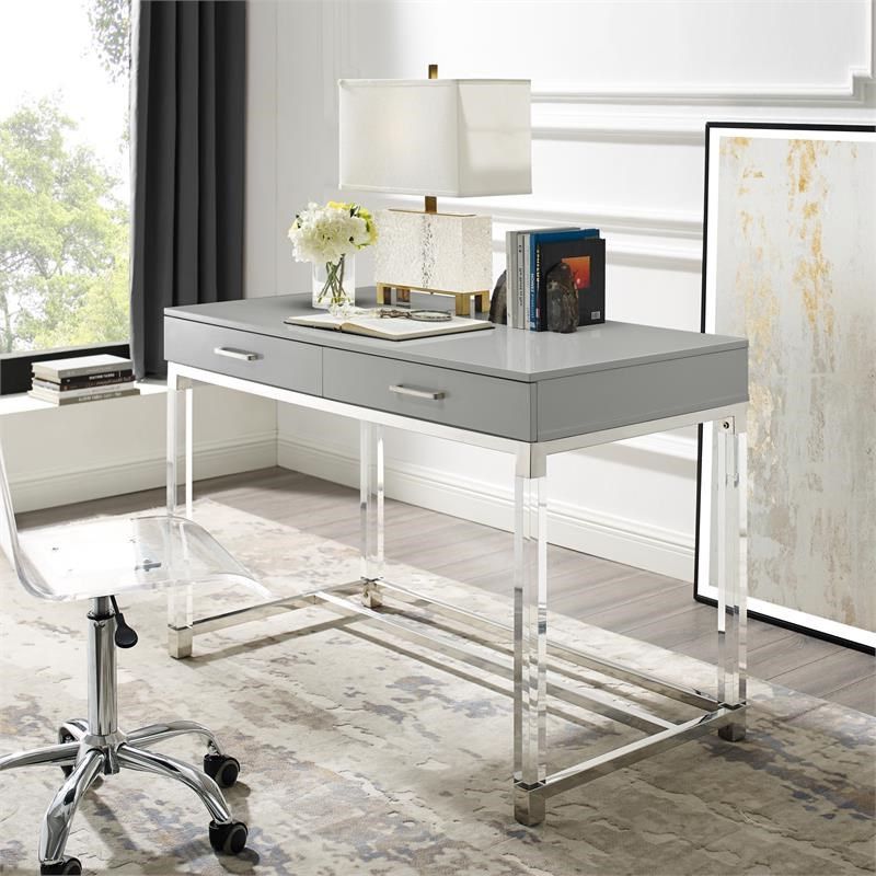 2018 Posh Briar 2 Drawer Metal Writing Desk With Acrylic Legs In Light Gray In Gold And Wood Glam Modern Writing Desks (View 4 of 15)
