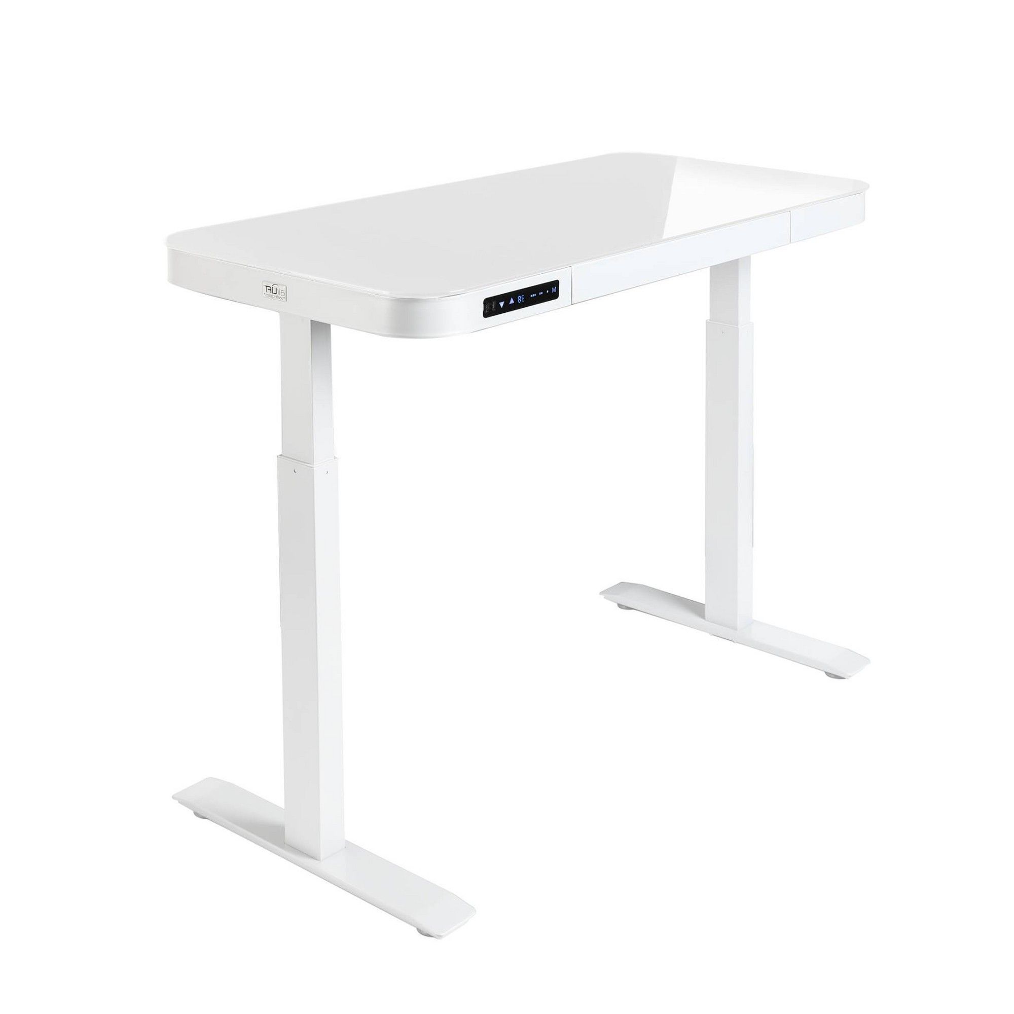 2018 White Adjustable Stand Up Desks Within 47" Airlift Tempered Glass Electric Standing Desktop Dual  (View 9 of 15)