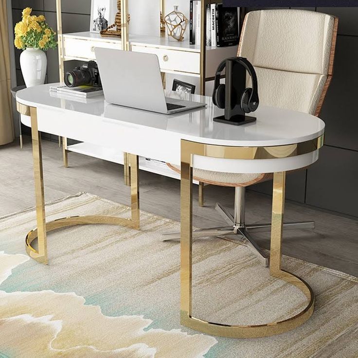 2018 White And Gold Writing Desks Throughout White/black Office Desk Modern 55" Gold Writing Desk With 2 Drawers (View 14 of 15)