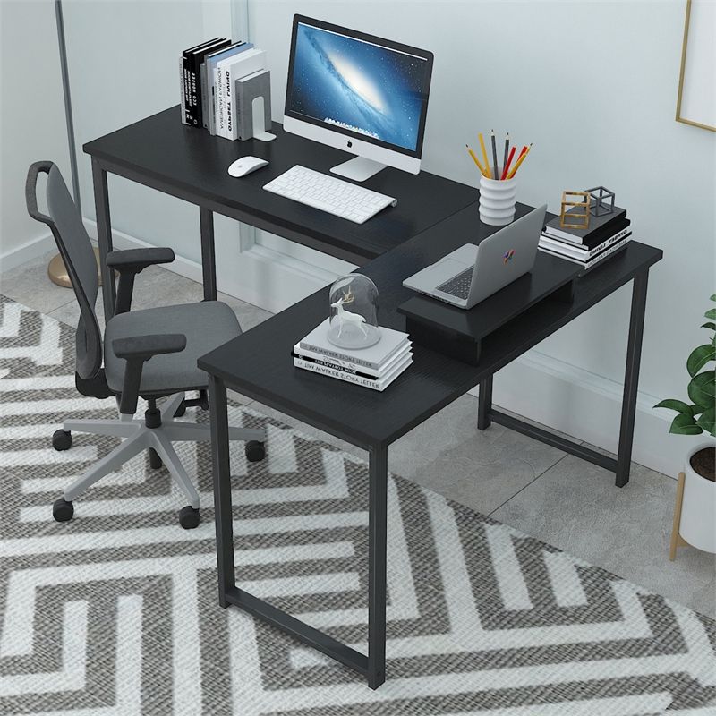 2019 Black Glass And Natural Wood Office Desks Regarding Cro Decor Wood L Shaped Wood Home Office Gaming Desk In Black – Ay (View 2 of 15)