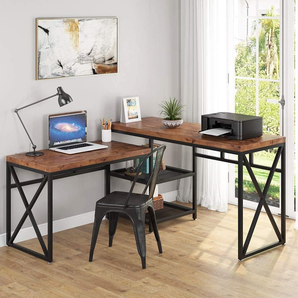 2019 Black Wood And Metal Office Desks Regarding Solid Wood L Shaped Desk, 59 Inches Industrial Sit Standing L Desk With (View 5 of 15)