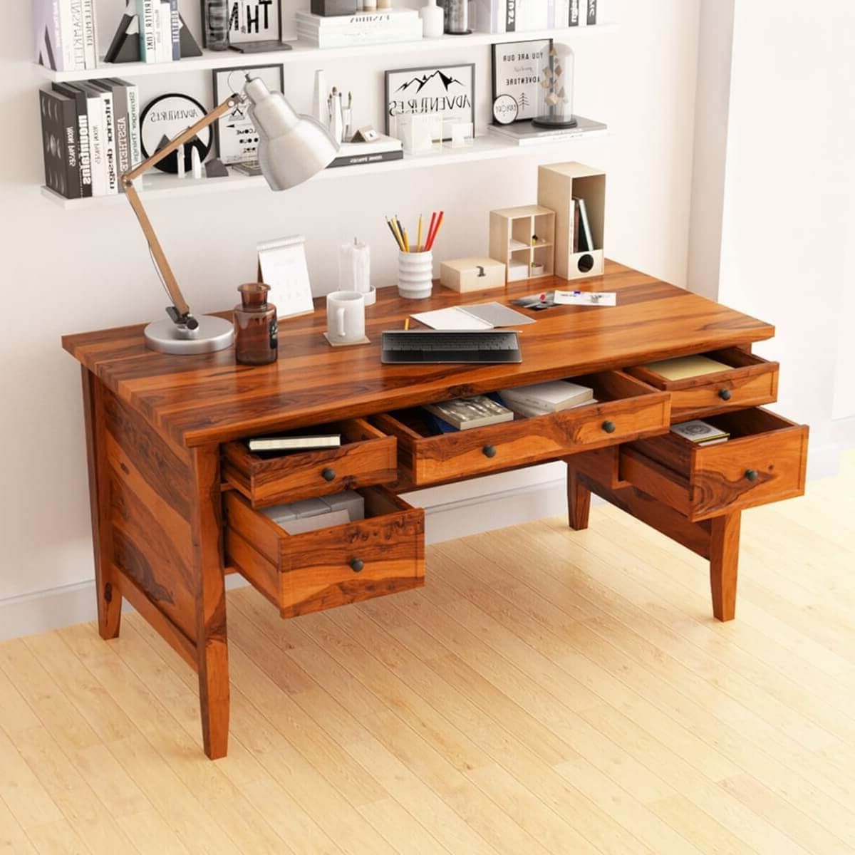 2019 Calypso Rustic Solid Wood 60" Large Writing Desk With 5 Drawers For Weathered Oak Wood Writing Desks (View 1 of 15)