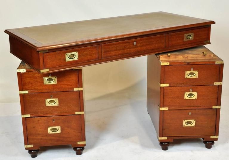 2019 English Campaign Pedestal Kneehole Desk With Leather Top At 1stdibs For Blue And White Wood Campaign Desks (View 15 of 15)