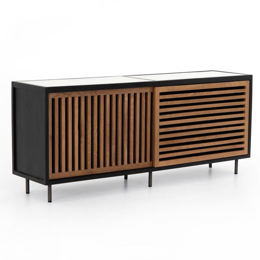 2020 Modern Sideboards Within Daniel Modern Classic White Marble Top Brown Slatted Wood Sideboard Buffet (View 7 of 18)