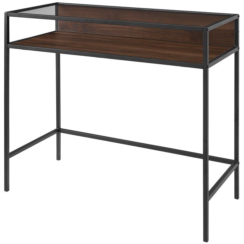 35 Inch Metal And Wood Compact Dark Walnut Desk With Glass – Dm35jerdw Inside Latest Black Glass And Walnut Wood Office Desks (View 15 of 15)