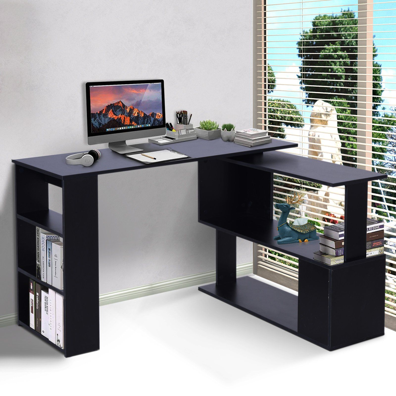 360° Rotating Home Office Corner Desk And Storage Shelf Combo – Black Intended For Most Popular Black And Cinnamon Office Desks (View 5 of 15)