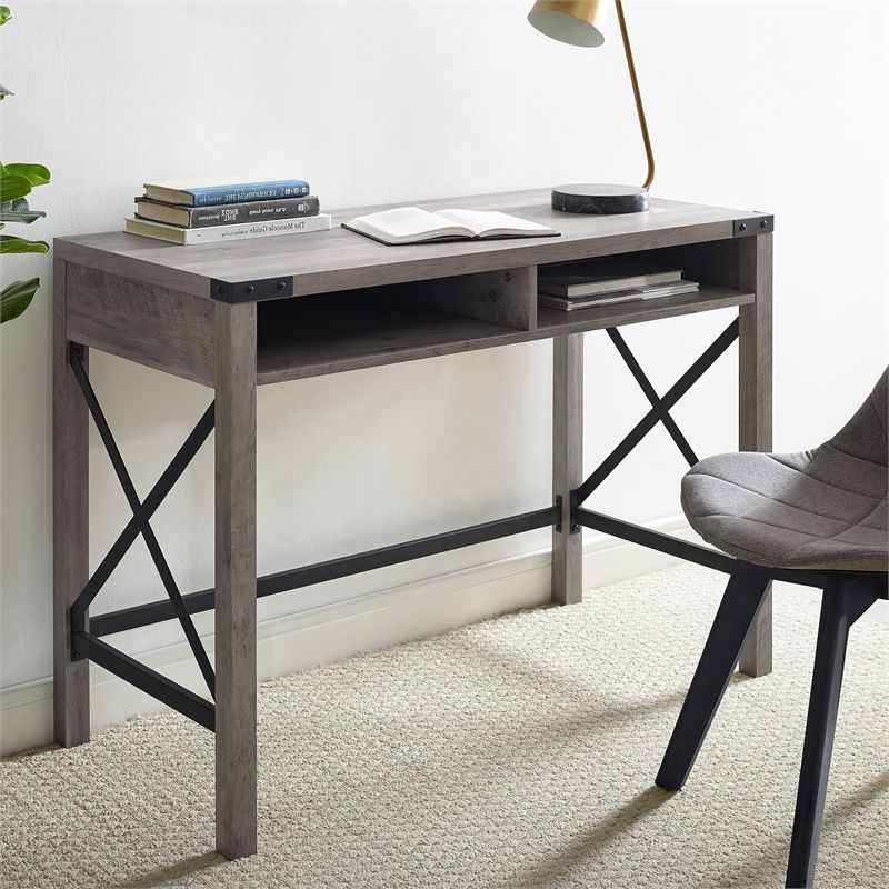 42" Farmhouse Metal & Wood Desk – Grey Wash – D42mxgw With Regard To Most Recently Released Gray Wash Wood Writing Desks (View 9 of 15)