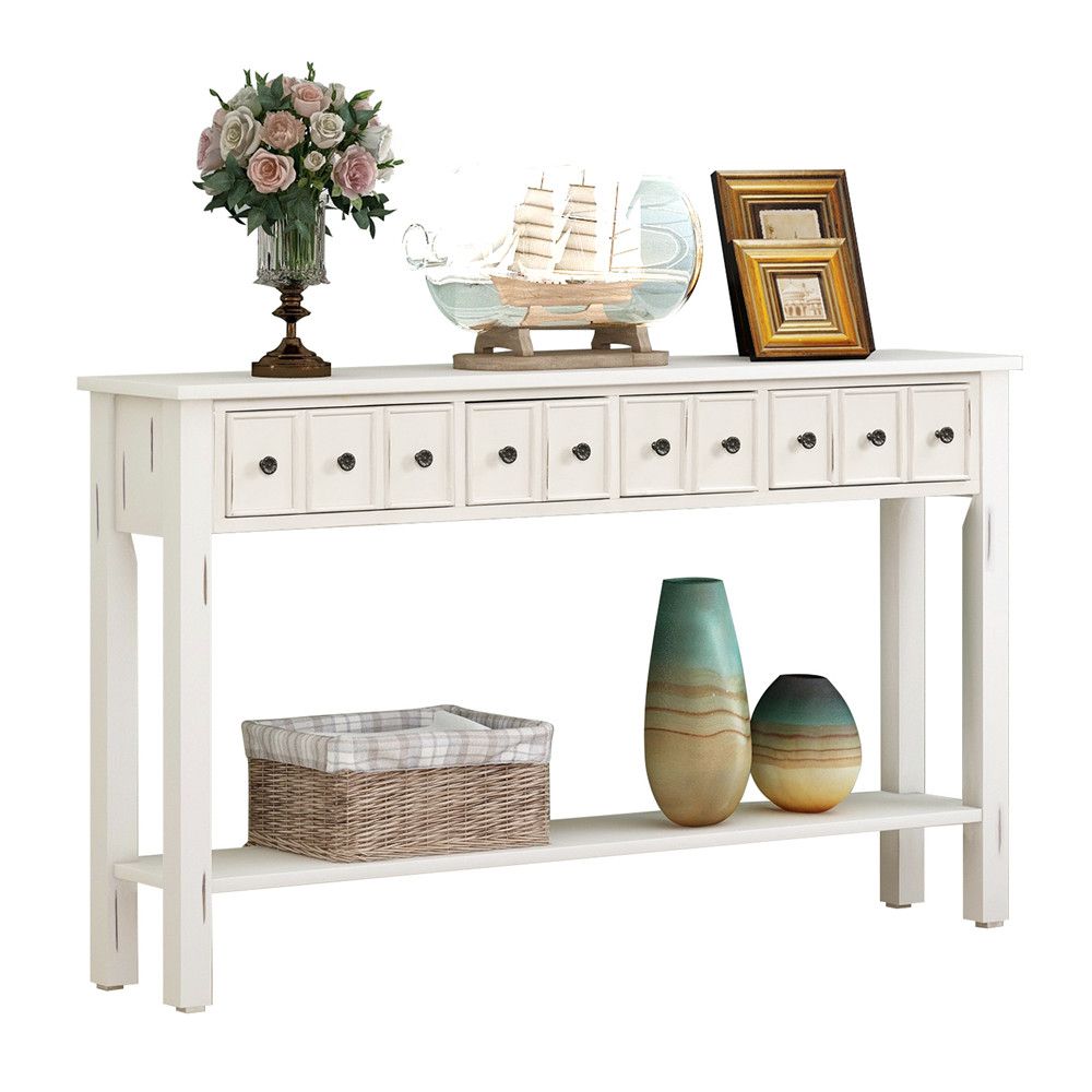 Accent 60" Long Console Table With Storage Vintage Style Decorative Inside Latest Rubbed White Console Tables (View 5 of 15)