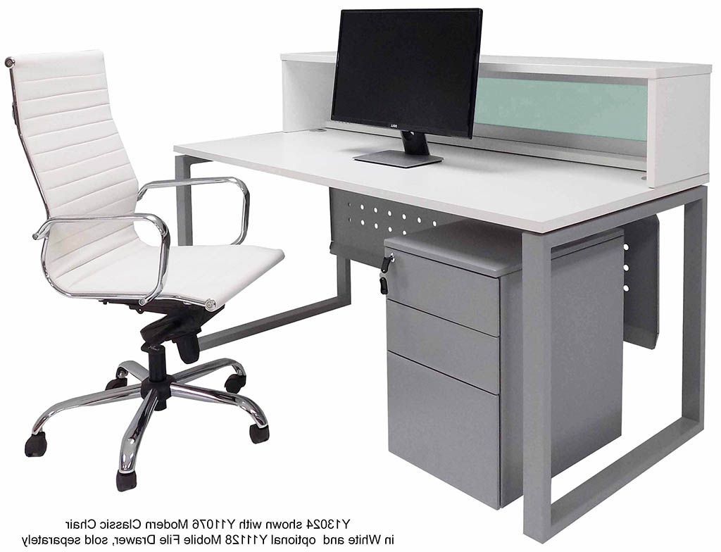 Aluminum And Frosted Glass Desks Pertaining To Favorite 66"w Trendspaces White Reception Desk With Frosted Glass (View 3 of 15)