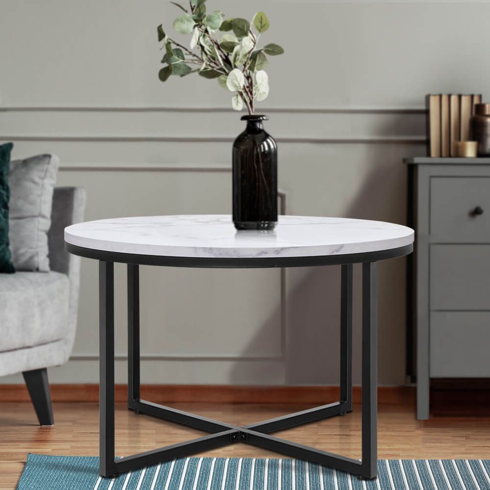 Artiss Coffee Table Marble Effect Side Tables Bedside Round Black Metal With Well Known Marble And Black Metal Writing Tables (View 14 of 15)