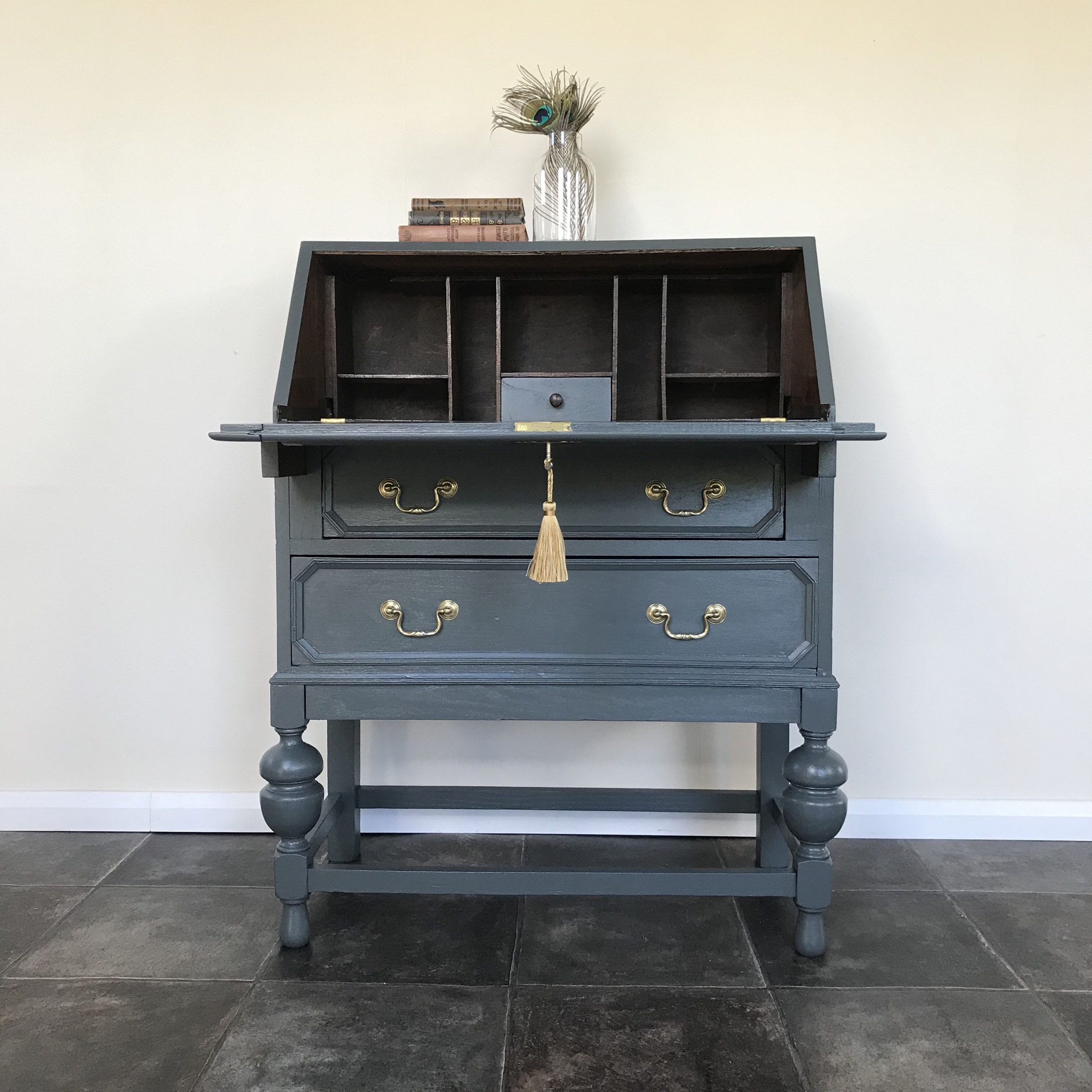 Beautiful Antique Solid Oak Painted Writing Bureau / Writing Desk In Pertaining To Most Current Reclaimed Oak Leaning Writing Desks (View 10 of 15)