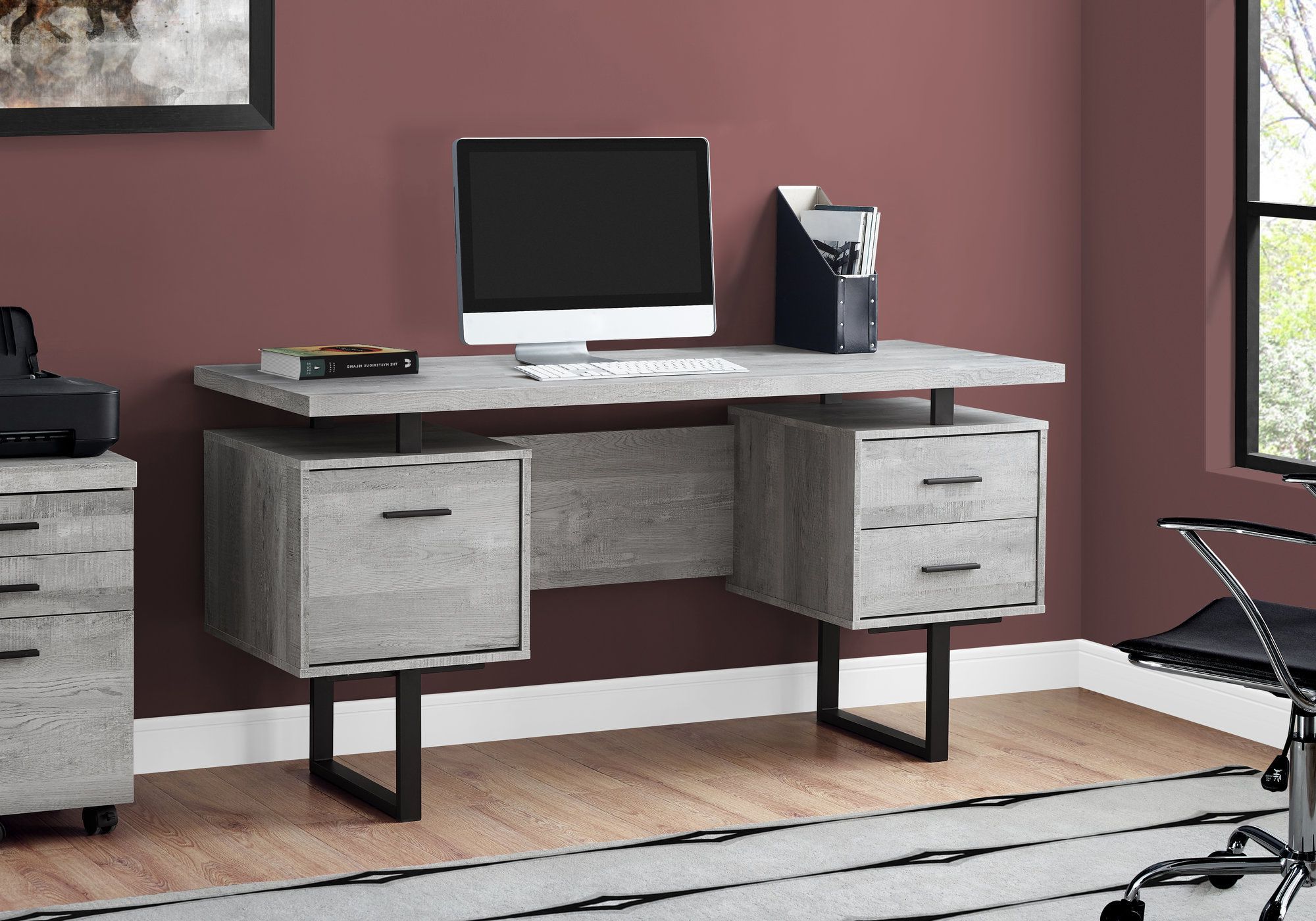 Best And Newest Black Glass And Dark Gray Wood Office Desks Throughout Computer Desk – 60"l / Grey Wood Grain / Black Metal – Monarch (View 6 of 15)