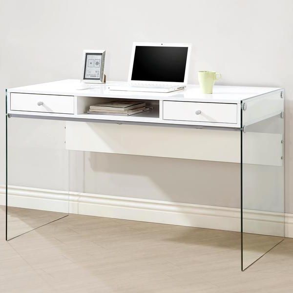 Best And Newest Contemporary Modern Style Glass Home Office Glossy White Computer For White Finish Glass Top Desks (View 9 of 15)