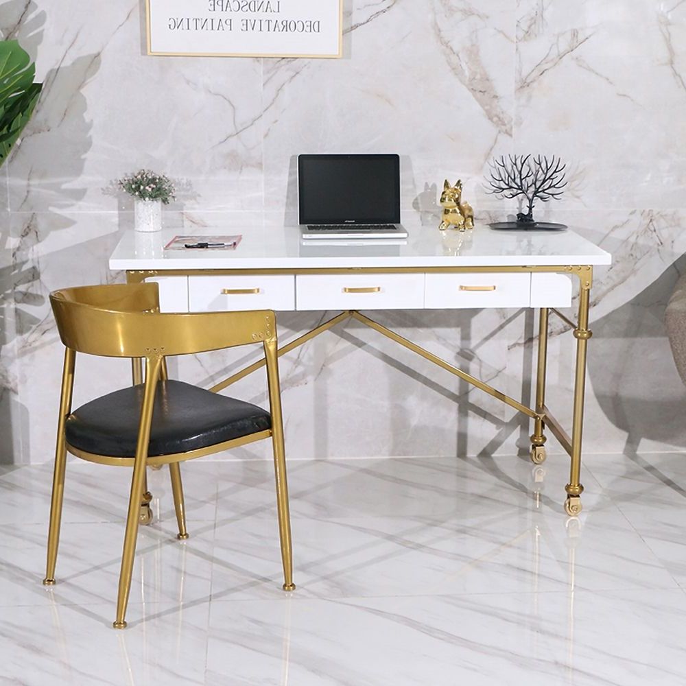 Best And Newest White 39" Rectangular Writing Desk Modern Computer Desk With 3 Drawer Gold Throughout Gold Metal Rectangular Writing Desks (View 7 of 15)