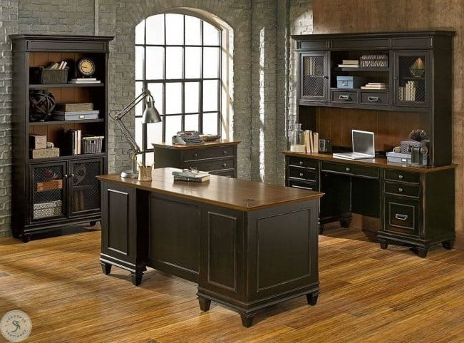 Black And Cinnamon Office Desks Pertaining To Well Known Hartford Distressed Black Double Pedestal Desk From Martin Furniture (View 7 of 15)