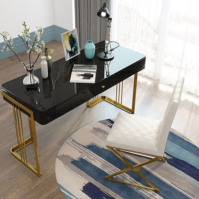 Black And Gold Writing Desks Inside Well Known 47" Glossy Black Writing Desk With Drawer Modern Office Desk Gold Base (View 2 of 15)
