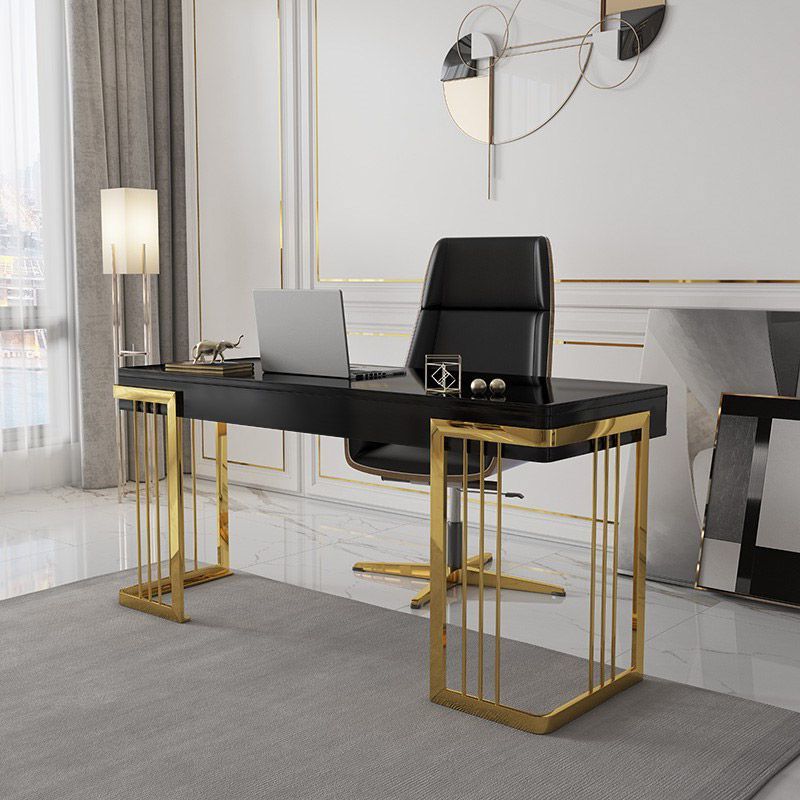 Black And Gold Writing Desks Pertaining To 2018 47" Glossy Black Writing Desk With Drawer Modern Office Desk Gold Base (View 5 of 15)