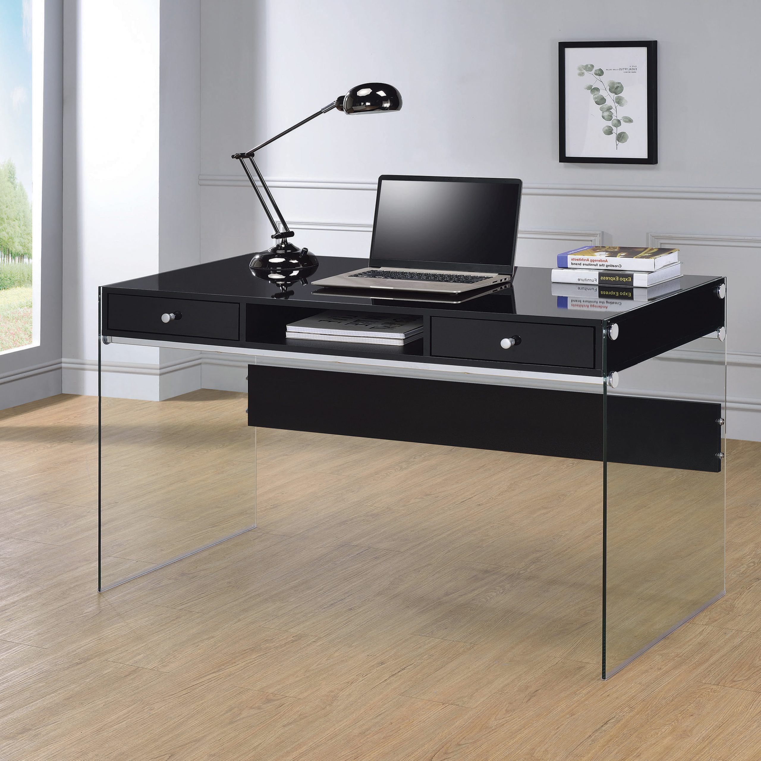 Black And Gray Oval Writing Desks Intended For Widely Used Dobrev 2 Drawer Writing Desk Glossy Black And Clear – Coaste (View 9 of 15)